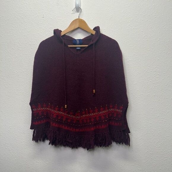 SO GSJC Women's Vintage Lambswool Hooded Poncho Red Fringe Fair Isle Beaded OS - Picture 1 of 12